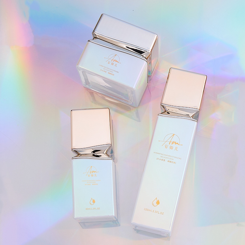 Próca Uachtar Gloine Cearnógach le hÉifeacht Iridescent Do Uachtar Aghaidh Agus Uachtar Súl Próca Uachtar Gloine Cearnógach le hÉifeacht Iridescent Do Uachtar Aghaidh Agus Uachtar Súl